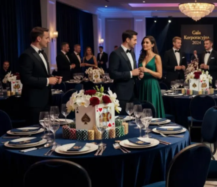 Gala firmowa z gośćmi VIP przy stołach w stylu kasynowym