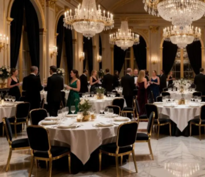 Elegancka sala bankietowa w czarno-złotej oprawie podczas luksusowej gali 