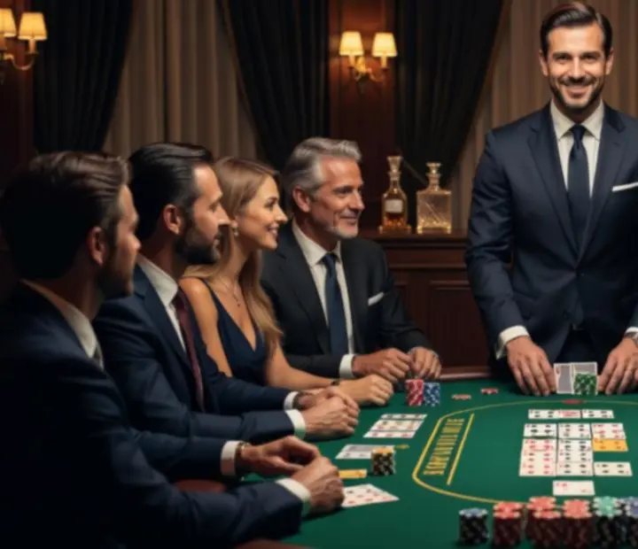 Profesjonalny krupier prowadzący elegancki wieczór pokerowy offline