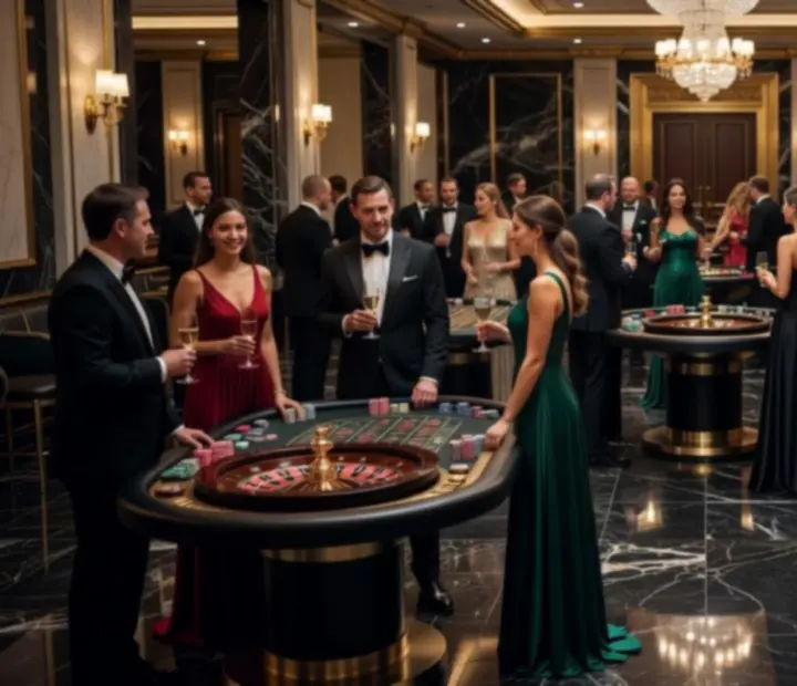 Elegancki wieczór casino night z luksusowymi stołami do gier i gośćmi w strojach wieczorowych
