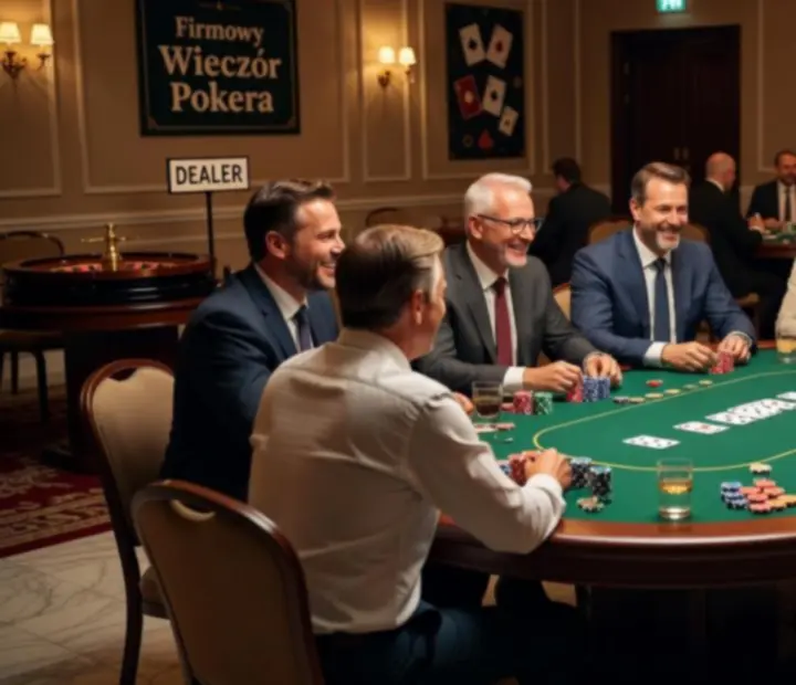 Zespół firmowy integrujący się przy stole pokerowym podczas wieczoru offline