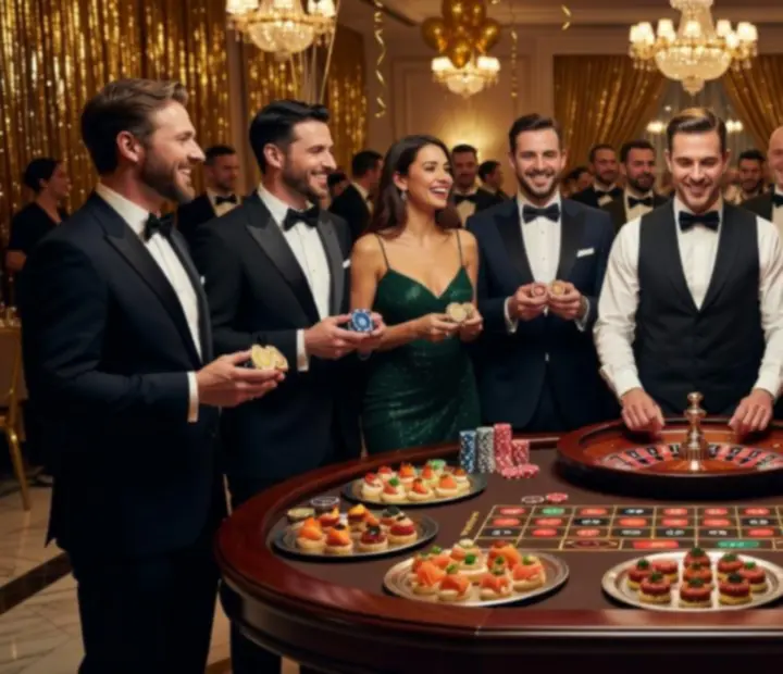 Tematyczny wieczór casino night z eleganckimi stołami i symbolicznie oznaczonymi żetonami